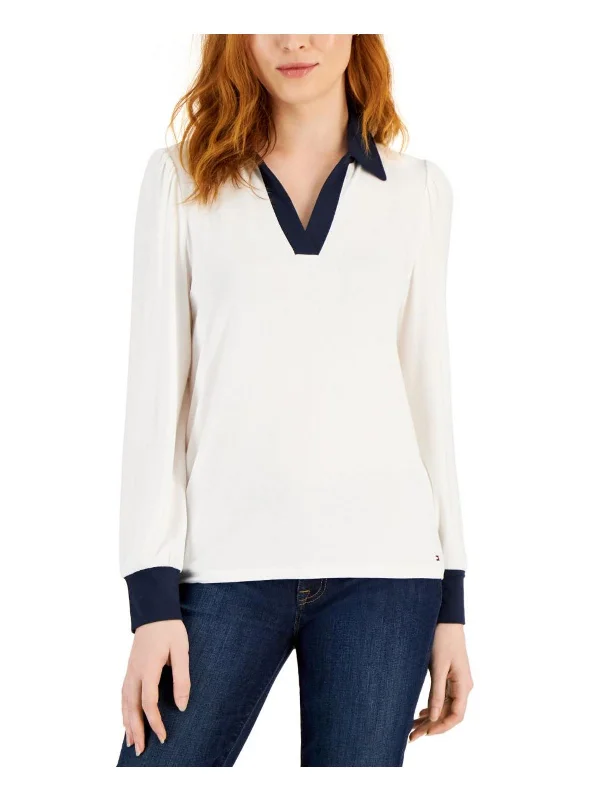 Womens Johnny Collar Puff Shoulder Pullover Top Puff Sleeve Stylish