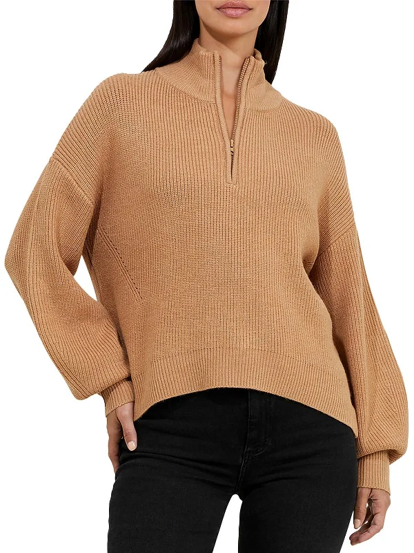 Womens Knit Mock Neck 3/4 Zip Pullover Saggy Sleeve Comfort