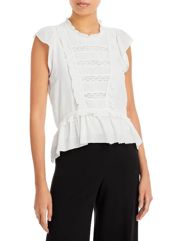 Womens Lace Inset Ruffled Pullover Top Crew Neck Wool
