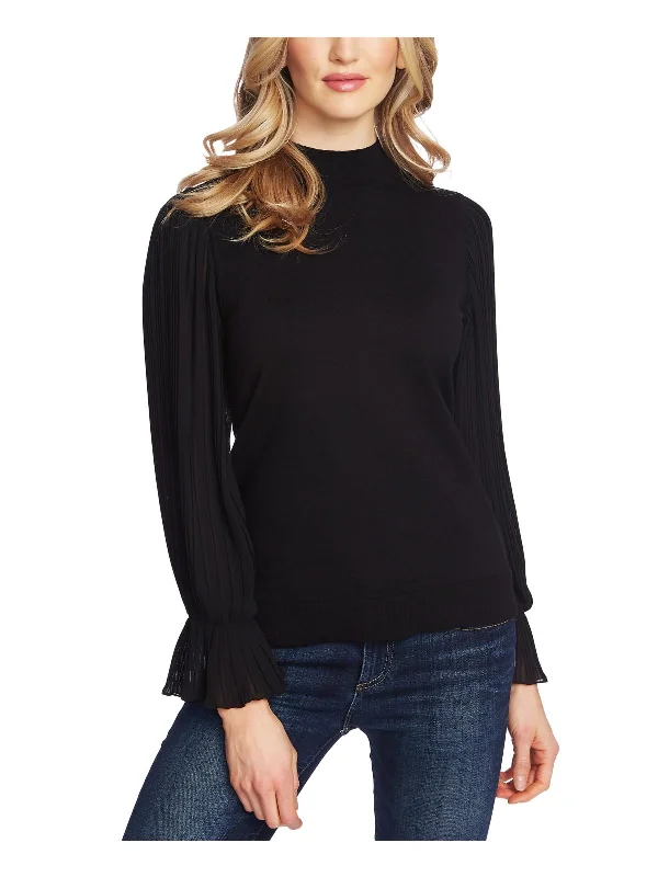 Womens Mock Turtleneck Pleated Sleeves Pullover Top High Neck Pullover