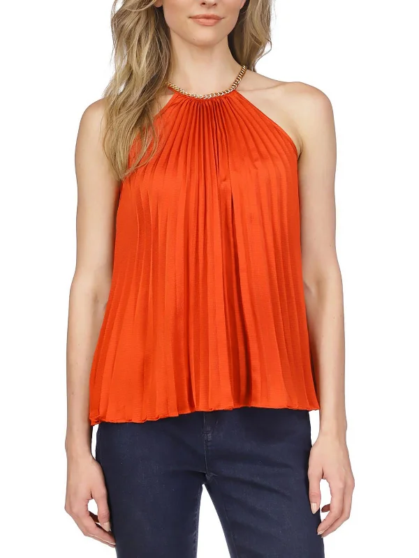 Womens Pleated Sleeveless Pullover Top Lapel Neck Sweater
