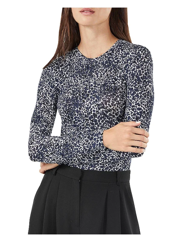Womens Printed Crewneck Pullover Top Shirred Sleeve Feminine