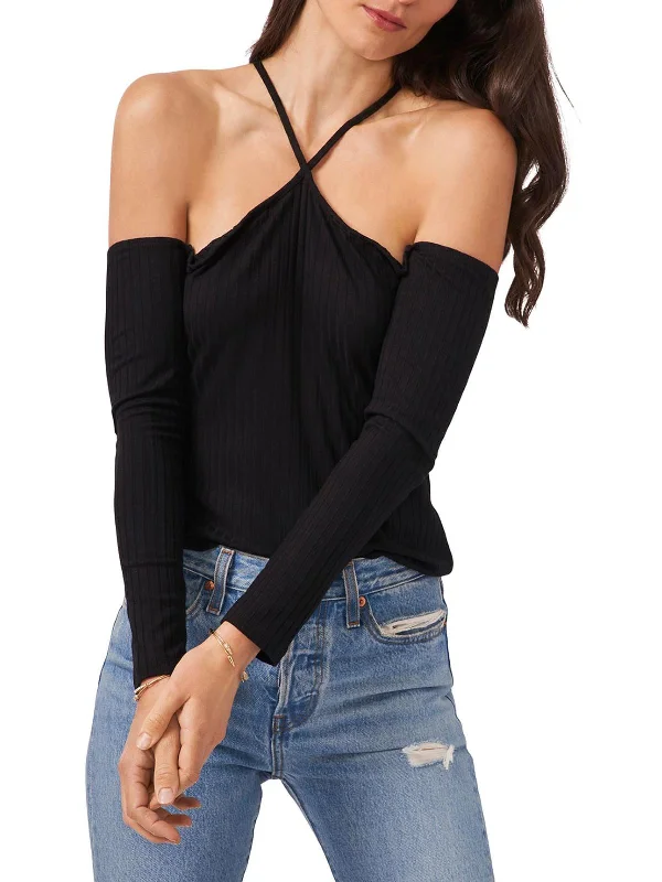 Womens Ribbed Cold Shoulder Pullover Top Textured Knit Design
