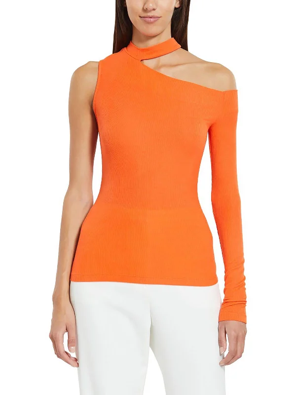 Womens Ribbed One Sleeve Pullover Top Notched Neck Pullover