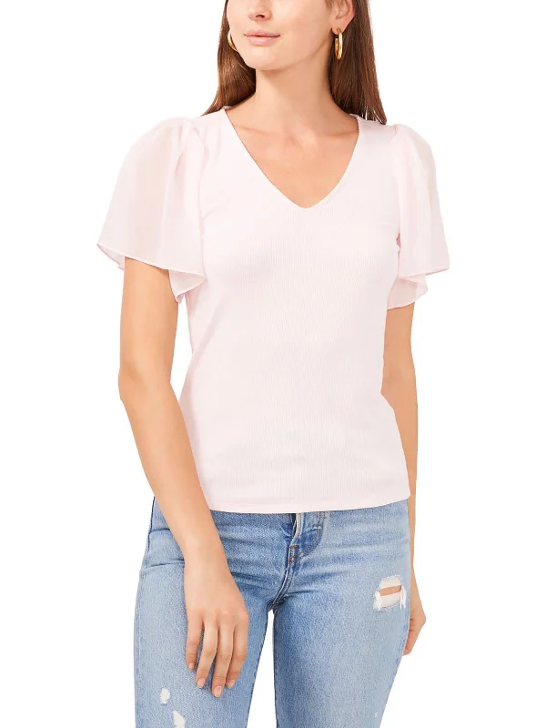 Womens Ribbed V-Neck Pullover Top Short Puff Sleeve