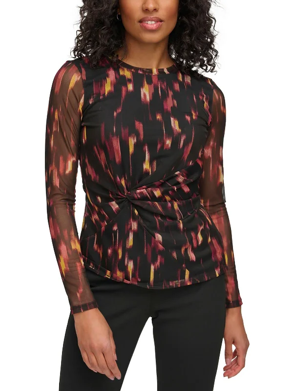 Womens Side Knot Printed Pullover Top Over Sleeve Pullover