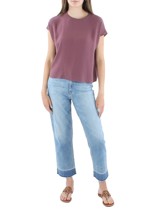 Womens Silk Crewneck Pullover Top Wide Sleeve Pullover