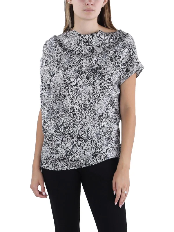 Womens Silk Scoop Neck Pullover Top Flutter Sleeve Feminine