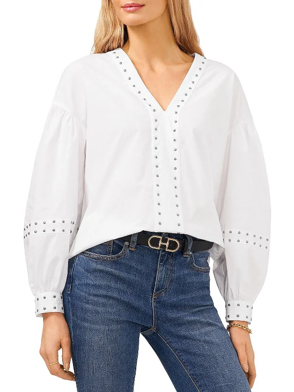 Womens Studded V-Neck Pullover Top Batwing Sleeve Top