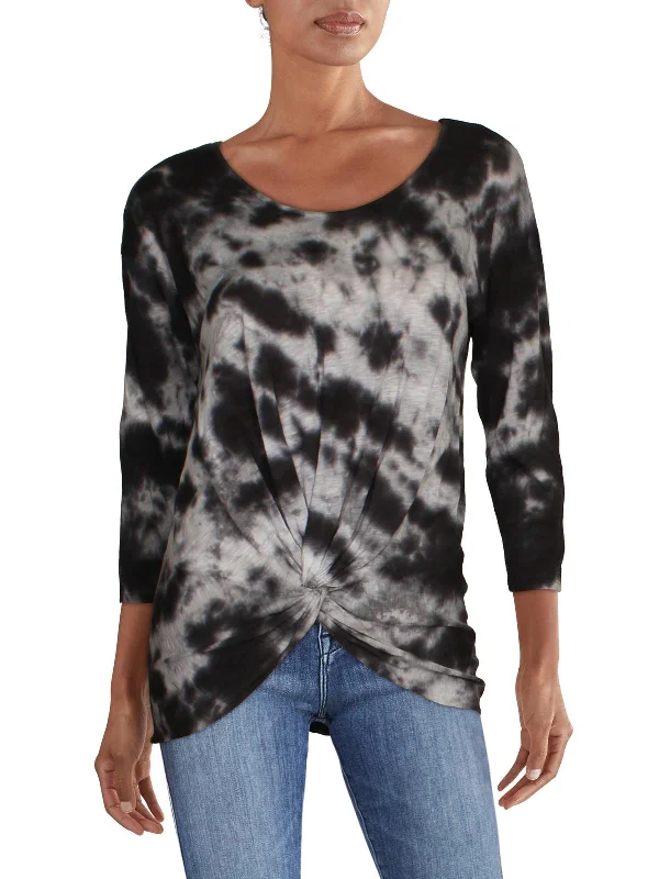 Womens Tie-Dye Knot Front Pullover Top Button Front Sweater