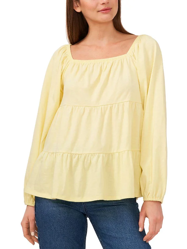 Womens Tiered Square-Neck Pullover Top Tight Sleeve Top