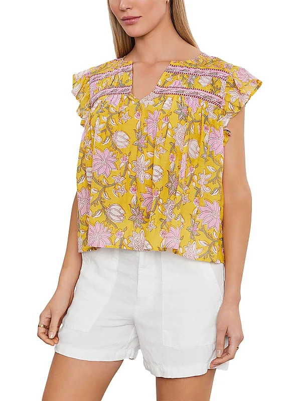 Womens V-Neck Floral Print Pullover Top Square Neck Pullover