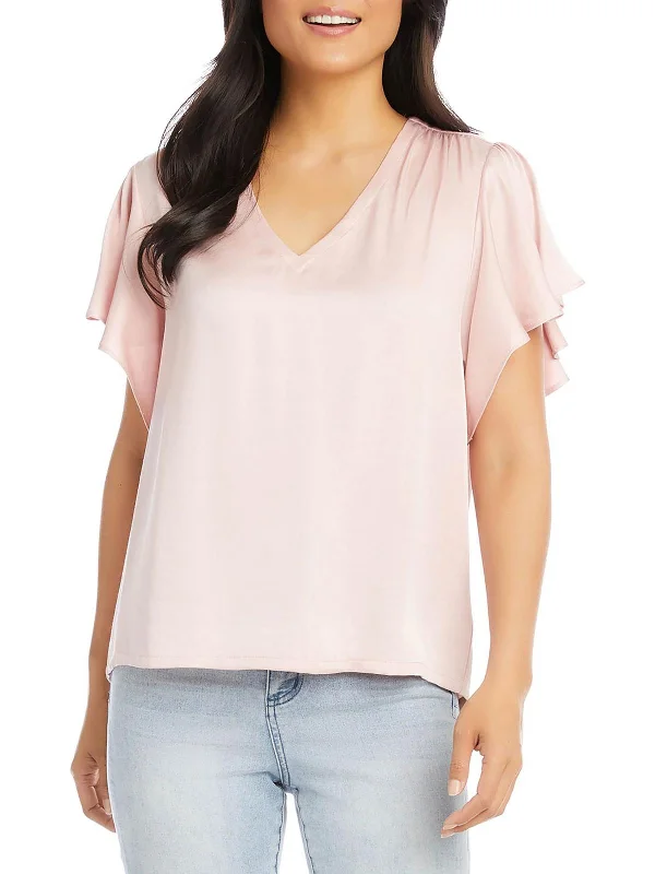 Womens V Neck Knit Pullover Top Tapered Sleeve Pullover