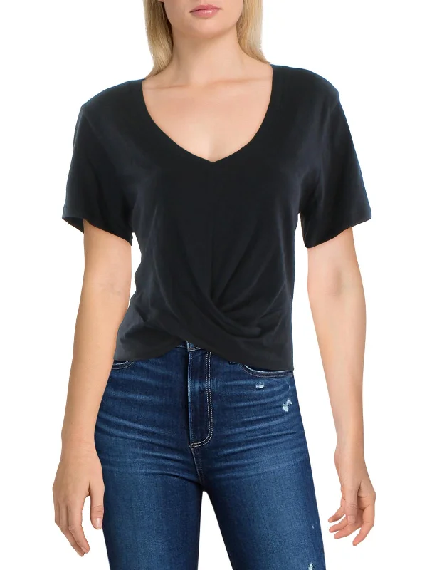 Womens V-Neck Twist Hem Pullover Top Ruffle Sleeve Feminine