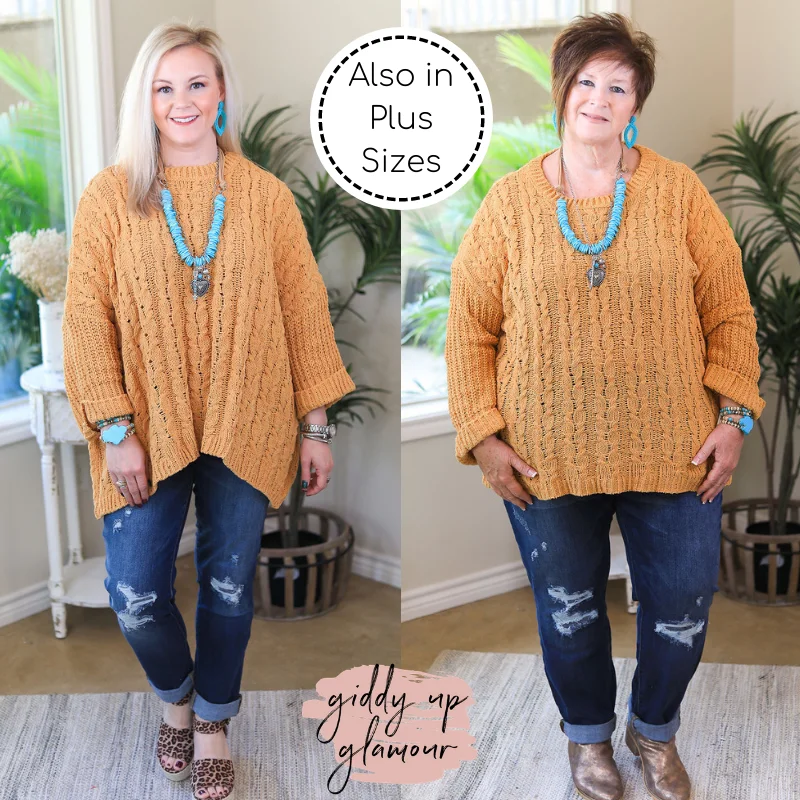 On My Level Chenille Cable Knit Pullover Sweater in Mustard Yellow Elbow Length Sleeve