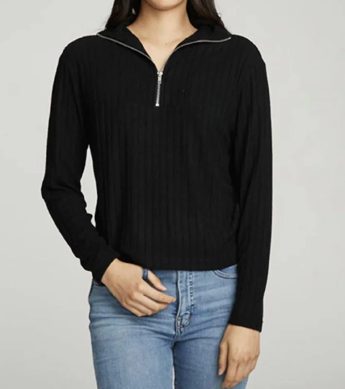 Zip Up Mock Neck Long Sleeve Pullover In True Black Lantern Sleeve Elegant
