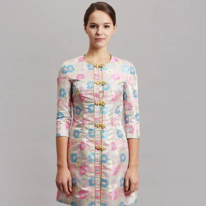 3/4 Sleeve Round Neck Floral Chinese Style Wind Coat Classic Riding Jacket