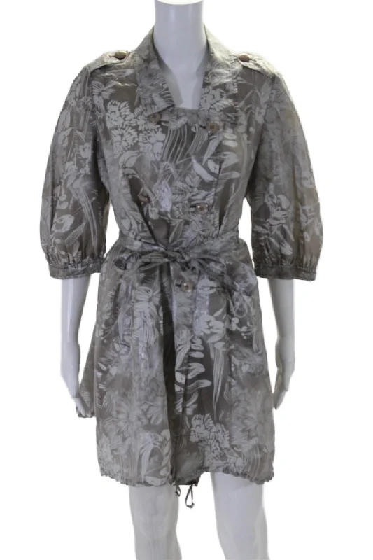 Armani Collezioni Womens Silk Blend Floral Print Belted Coat Gray White Open-Knit Duster Coat