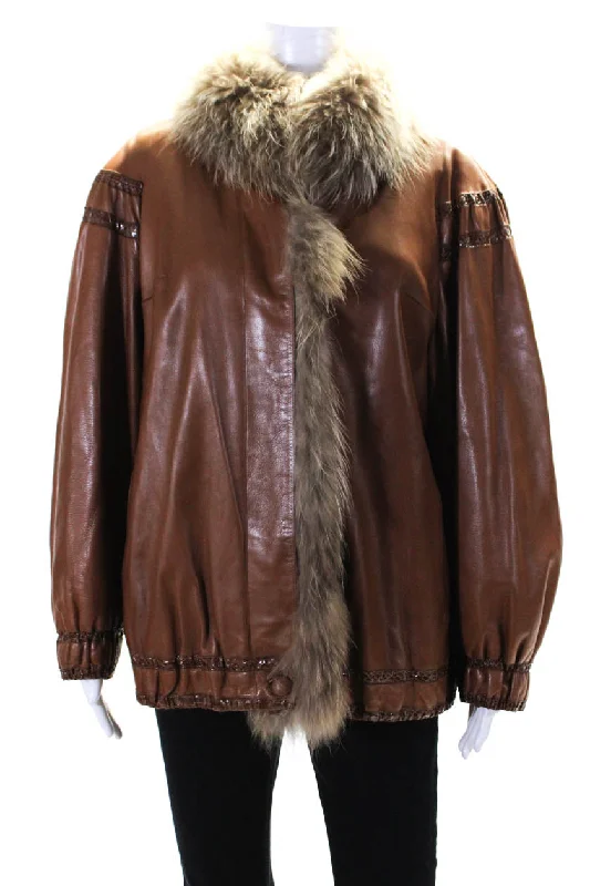 Beltrami Womens Leather Snakeskin Trim Racoon Fur Button Up Jacket Brown