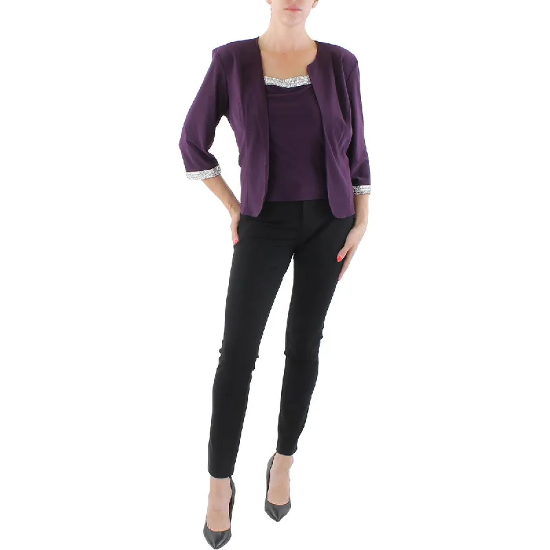 Petites Womens Knit 2PC Collarless Blazer Women's Solid Blazer