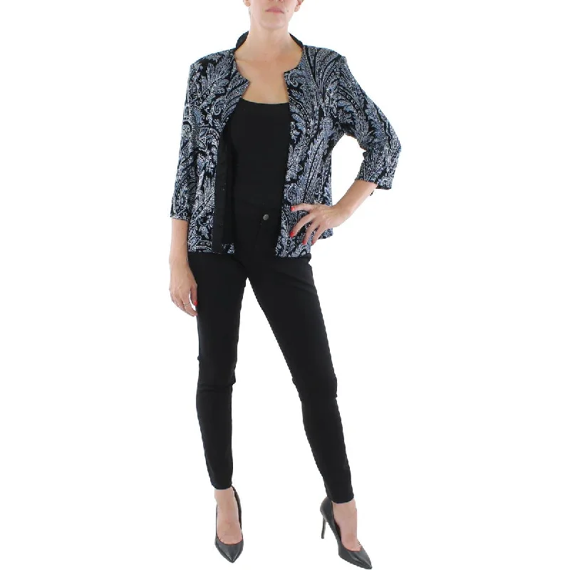 Petites Womens Knit Glitter Collarless Blazer Women's Banquet Suit