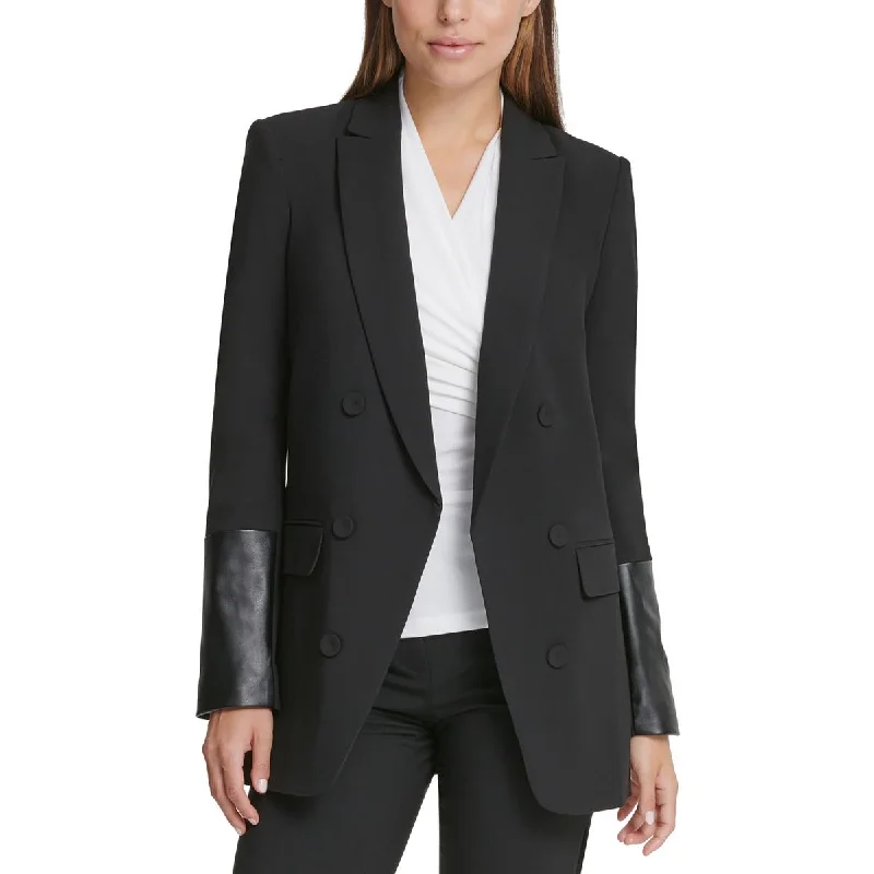 Petites Womens Faux Leather Trim Special Evening Double-Breasted Blazer Women's Trendy Jacket