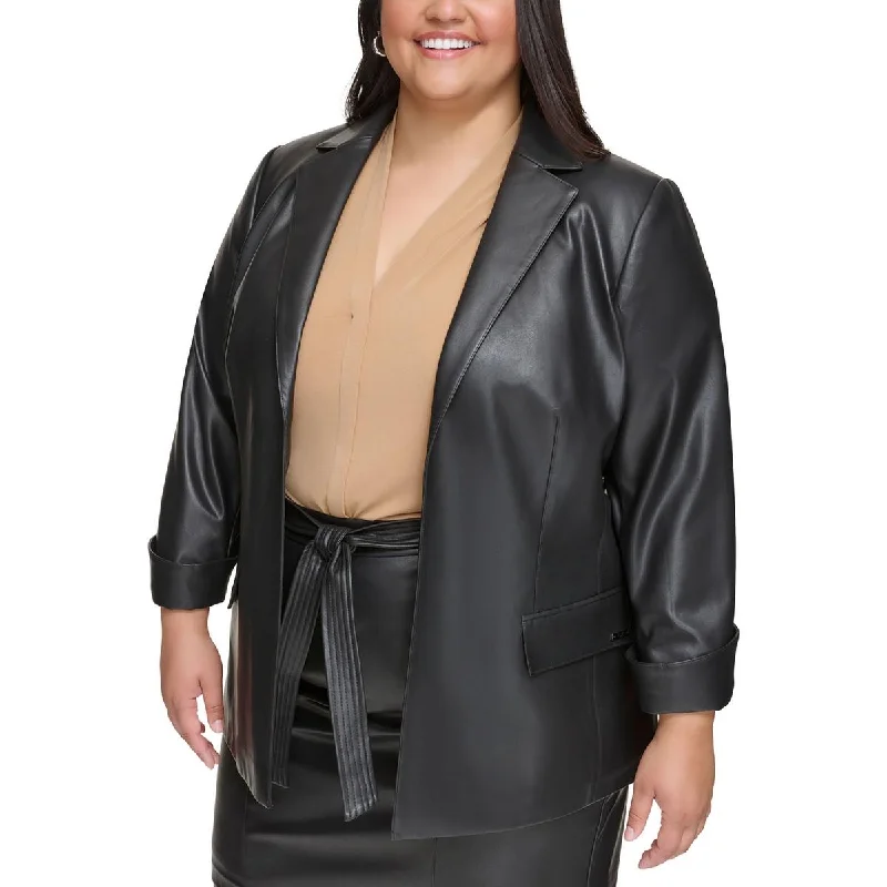 Plus Womens Faux Leather Suit Separate Open-Front Blazer Women's Navy Jacket