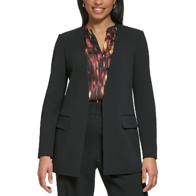 Womens Collarless Business Open-Front Blazer Cotton Blend Blazer