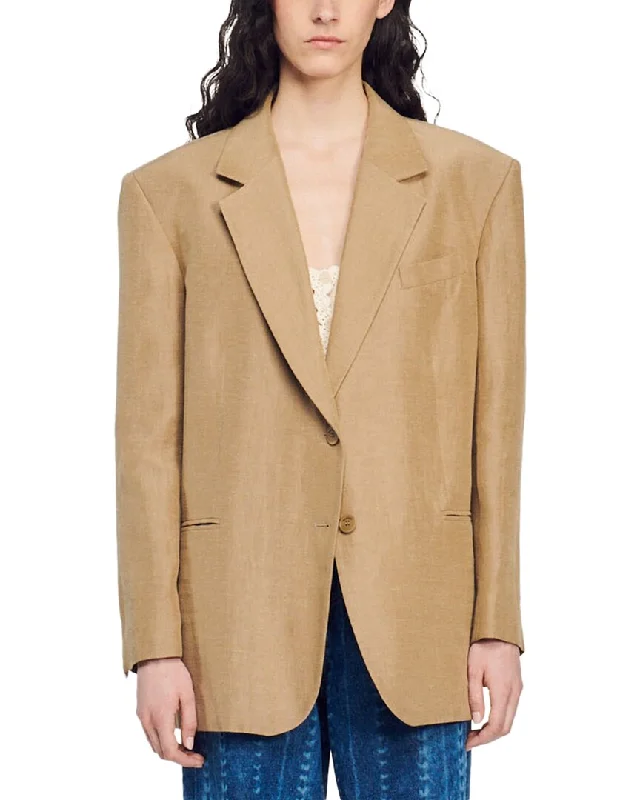 Sandro Robanne Linen-Blend Suit Blazer Women's Professional Jacket