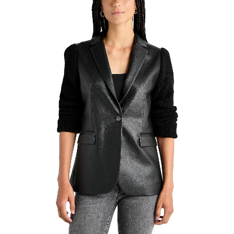 Adina Womens Faux Leather Mixed Media One-Button Blazer Women's Fashion Blazer