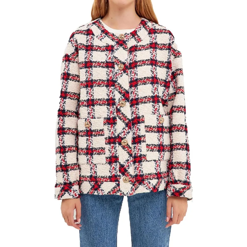 Womens Tweed Plaid Collarless Blazer Women's Boutique Jacket