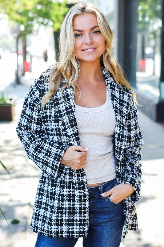 Black Houndstooth Design Blazer Coat Summer Women's Jacket
