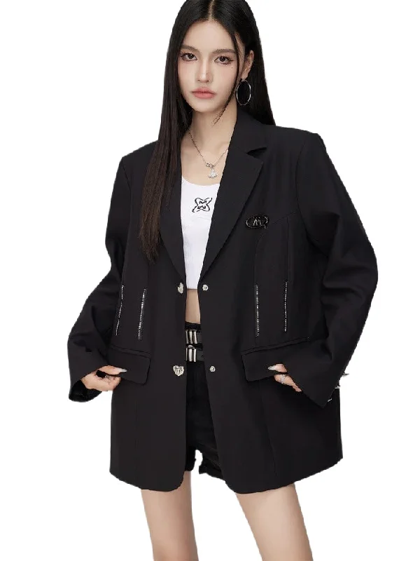 Black Oversized Zipper Blazer Women's Travel Jacket
