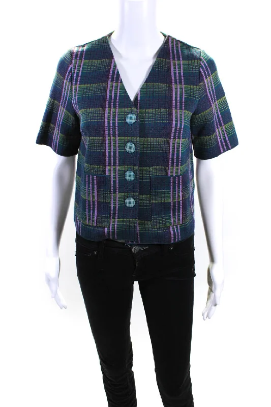 Catherine Andre Womens Short Sleeve Knit Plaid V Neck Jacket Multicolor Medium