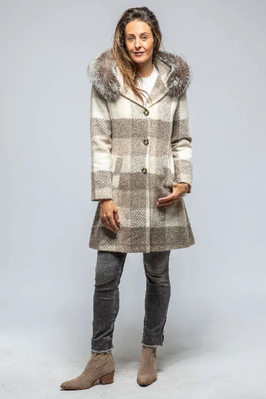 Celine Plaid Coat W/ Fur Trim Hood In Beige Padded Ski Jacket