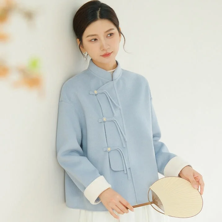 Chinese Style Hand-Painted Woolen Coat Zen Tea Ceremony Outfit Women's Hanfu Reversible Quilted Jacket