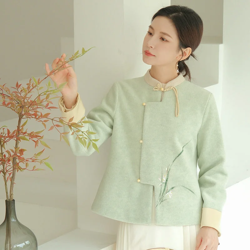 Chinese Style Hand-Painted Woolen Coat Zen Tea Ceremony Outfit Women's Hanfu Classic Riding Jacket