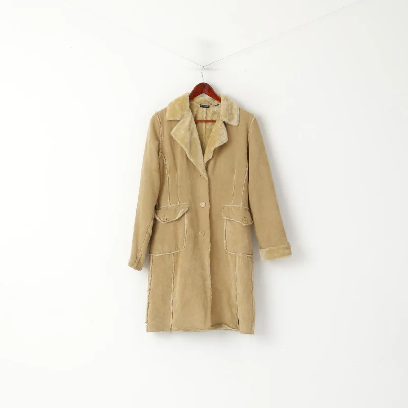 Foxhole Women 10 M Coat Beige Soft Faux Fur Single Breasted Long Boho Top Cropped Tweed Jacket