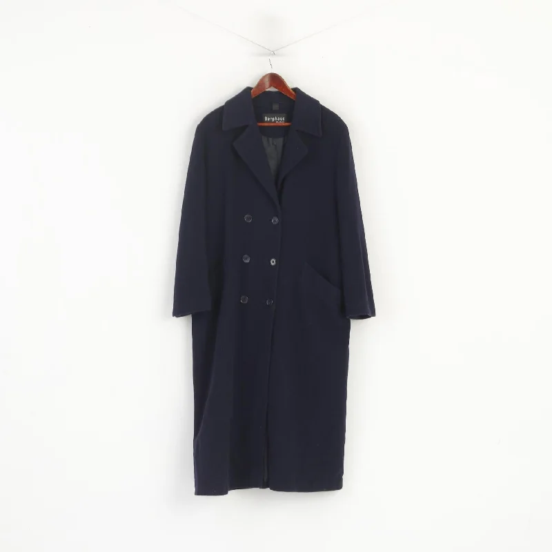 Berghaus Fashion Women XL Coat Navy Wool Cashmere Long Vintage Double Breasted Puff Shoulder Coat