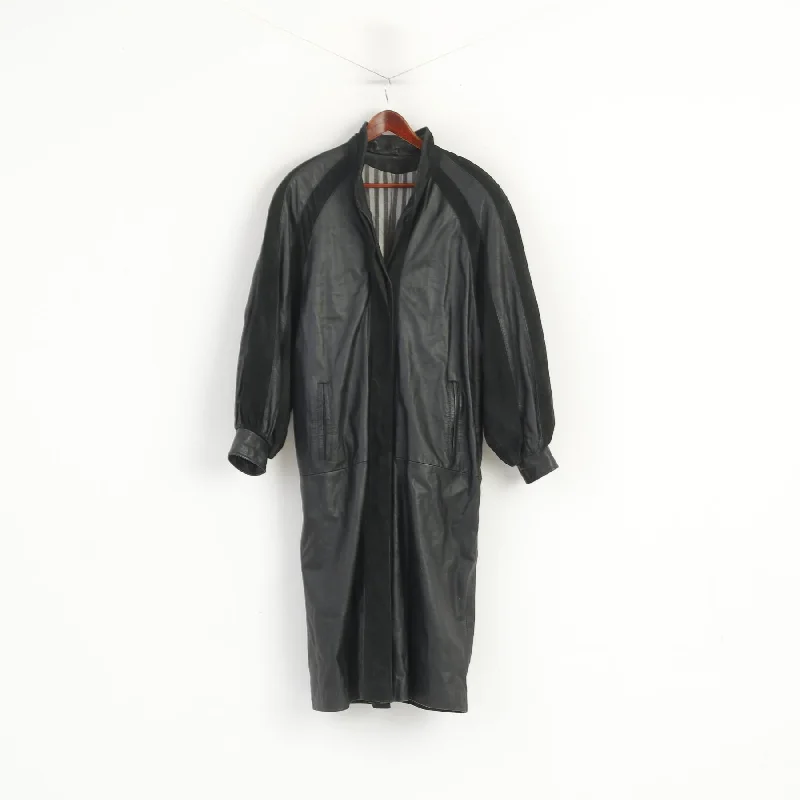 Vintage Women 42 L Long Coat Black Leather Padded Puffed Sleeves Shoulder Pads Long Top Double-Layered Poncho