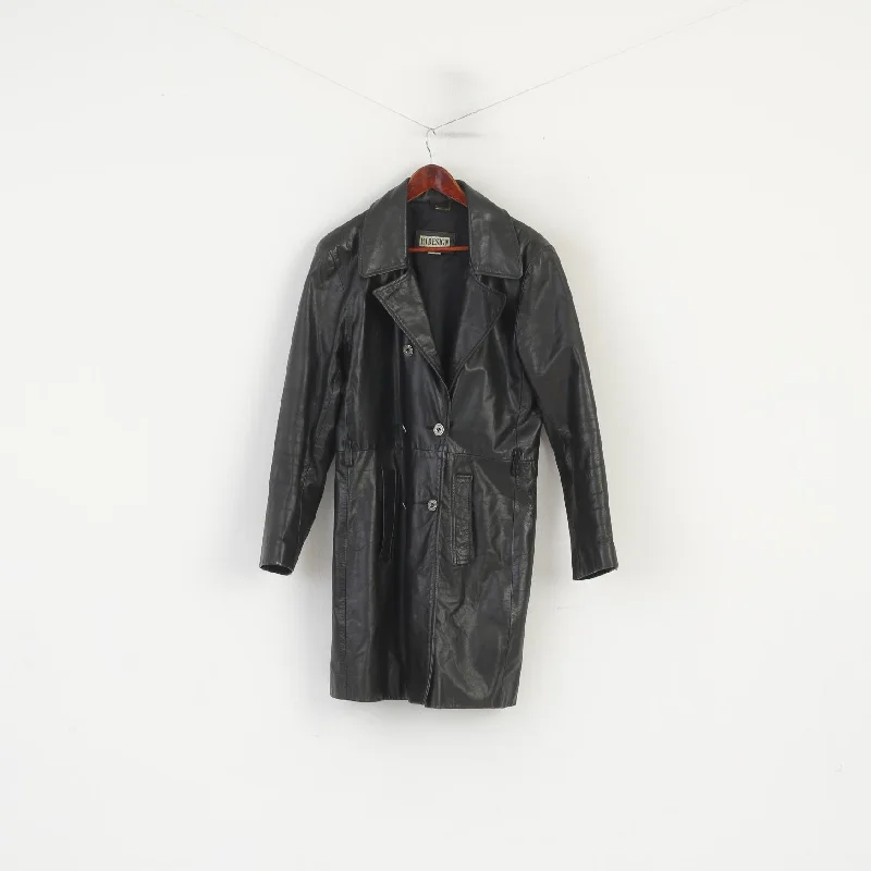 Hidesign Women XL (L) Coat Black Leather Shiny Military Double Breasted Top Checkered Wool Shacket