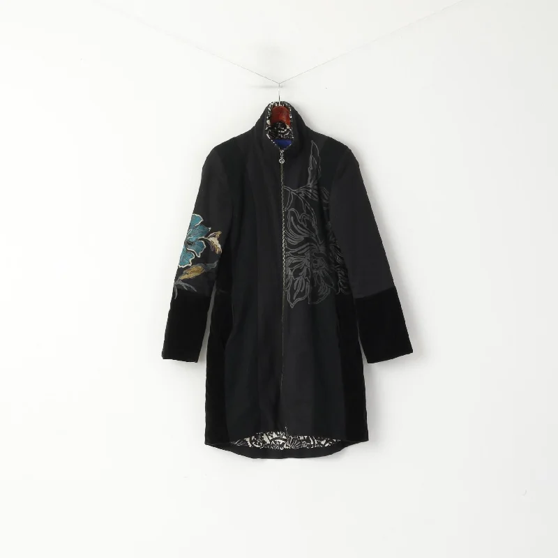 St. Martins Scandanavian Design Women M Coat Black Cotton Classic Full Zipper Top Ruched Sleeve Blazer