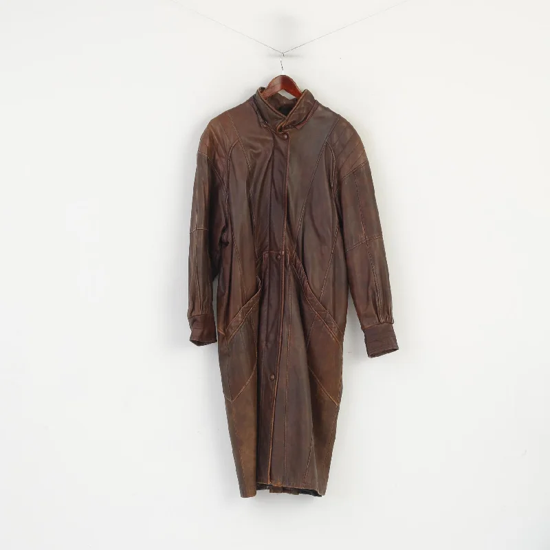 Mokka Nappa Finland Women 40 L Coat Brown Leather Lined Vintage Shoulder Pads Zip Up Elegant Cape Blazer