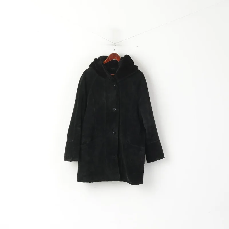 Saki Women 38 XL Coat Black Leather Hooded Acrylic Fur Lined Single Breasted Top Luxe Satin Long Coat