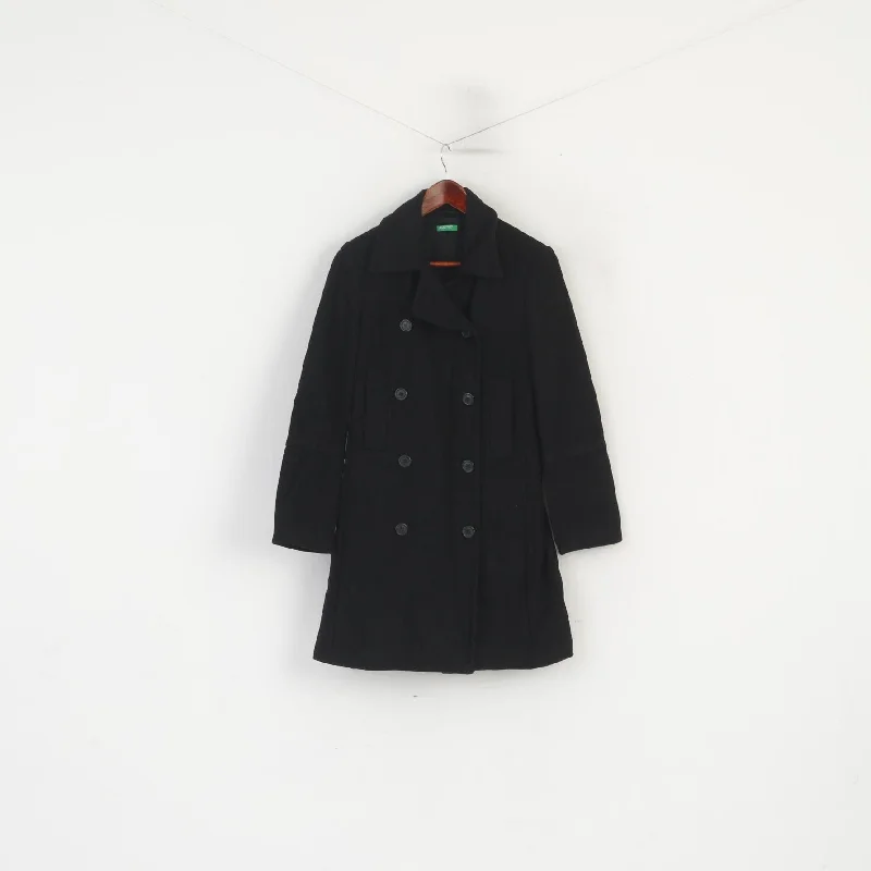 United Colors Of Benetton Women 40 S Coat Black Wool Double Breasted Vintage Warm Hooded Poncho