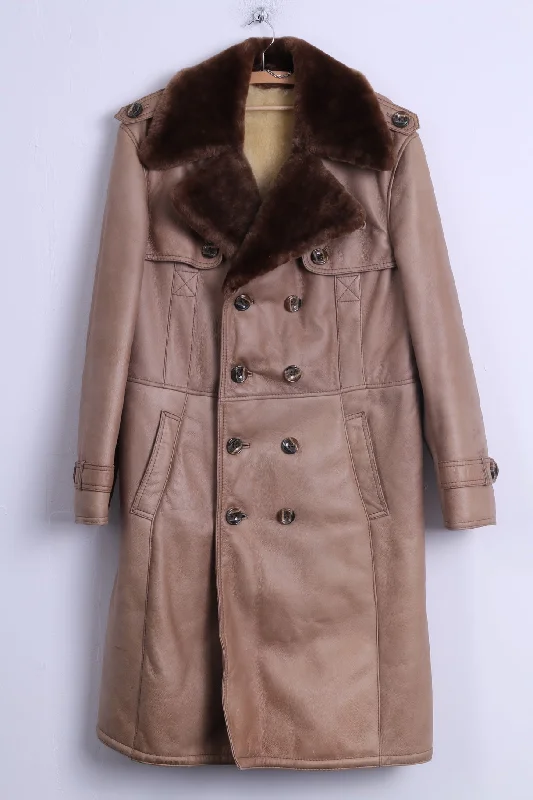 Womens L Coat Beige Leather Fur Buttoned Sheep Lined Warm Long belted Winter Coat Suede Fringe Jacket