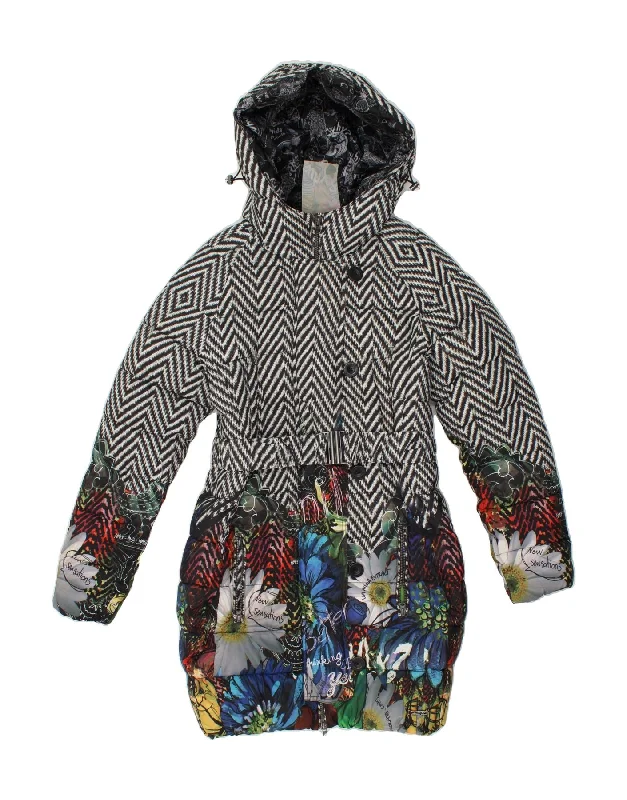 DESIGUAL Womens Hooded Padded Coat EU 40 Medium Grey Floral Polyester Luxury Cashmere Wrap