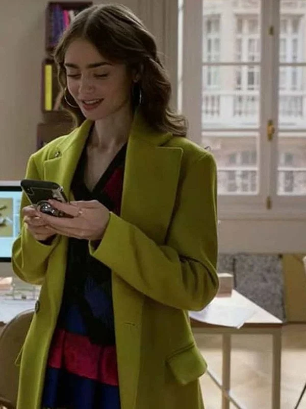 Emily In Paris Emily Cooper Lime Wool Coat Long Hooded Anorak