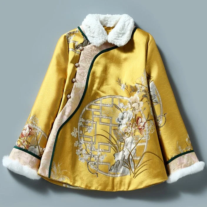 Floral Brocade Fur Edge Women's Chinese Style Wadded Coat Recycled Down Jacket