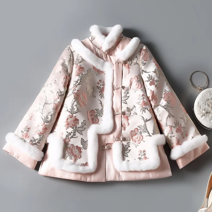 Floral Brocade Fur Edge Women's Chinese Style Wadded Coat with Strap Buttons A-Line Swing Coat